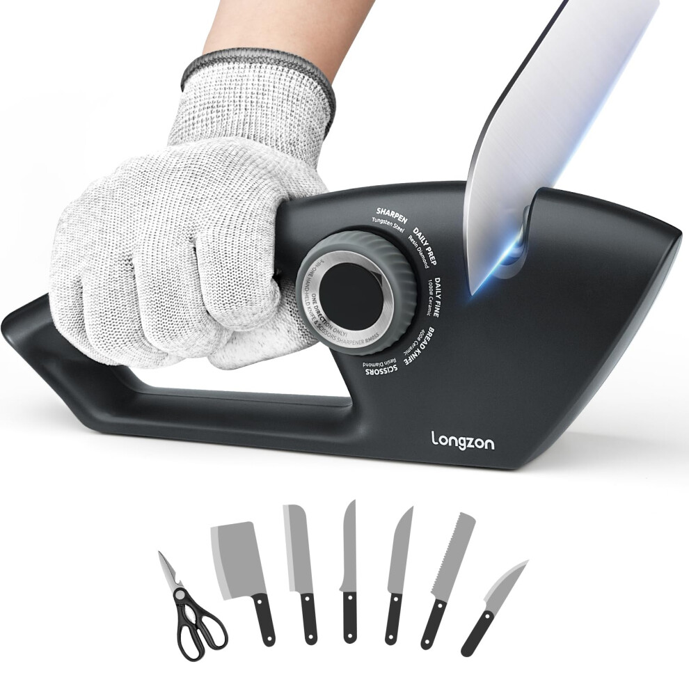 Longzon Knife Sharpener, 5-In-1 Kitchen Knife Sharpening Manual Knife Sharpener Tool With Cut Protection Gloves For Sharpening Kitchen Knives,