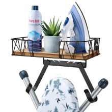 TJ.MOREE Ironing Board Hanger Wall Mount - Laundry Room Iron and Ironing Board Holder with Large Storage Wooden Base Basket and Removable Hooks(T&V