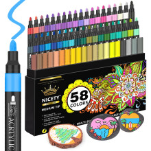 NICETY 58 Colours Acrylic Paint Pens - 3mm Medium Tip Paint Markers Rock Painting Pens for Stone Glass Wood Porcelain Ceramic Fabric - Water Based