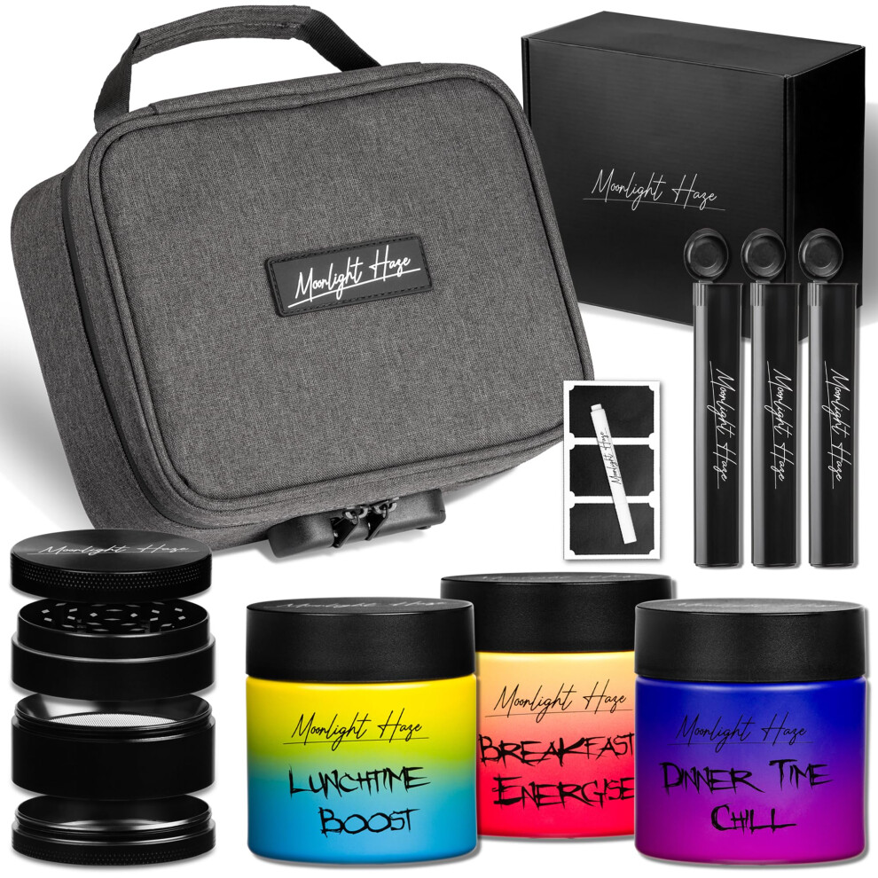 Moonlight Haze Smell Proof Bag ? Smell Proof Box Stash Box Gift Set With 3 Smell Proof Containers, Metal Grinder, Integrated Rolling Tray, 3 Doob