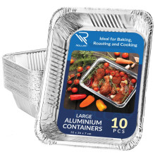 Rollay 10 Pack Large Aluminium Foil Trays Deep (32x26x7 cm) - Tin Foil Trays Containers for Cooking, Baking, Broiling, Roasting, BBQ, and Party