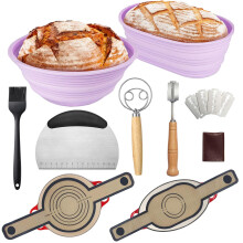 Banneton Bread Proofing Basket Starter Kit-Sourdough Proving Basket Bread Making Accessories Starter Kit with 9 Inch Round&10 Oval Foldable Silicone