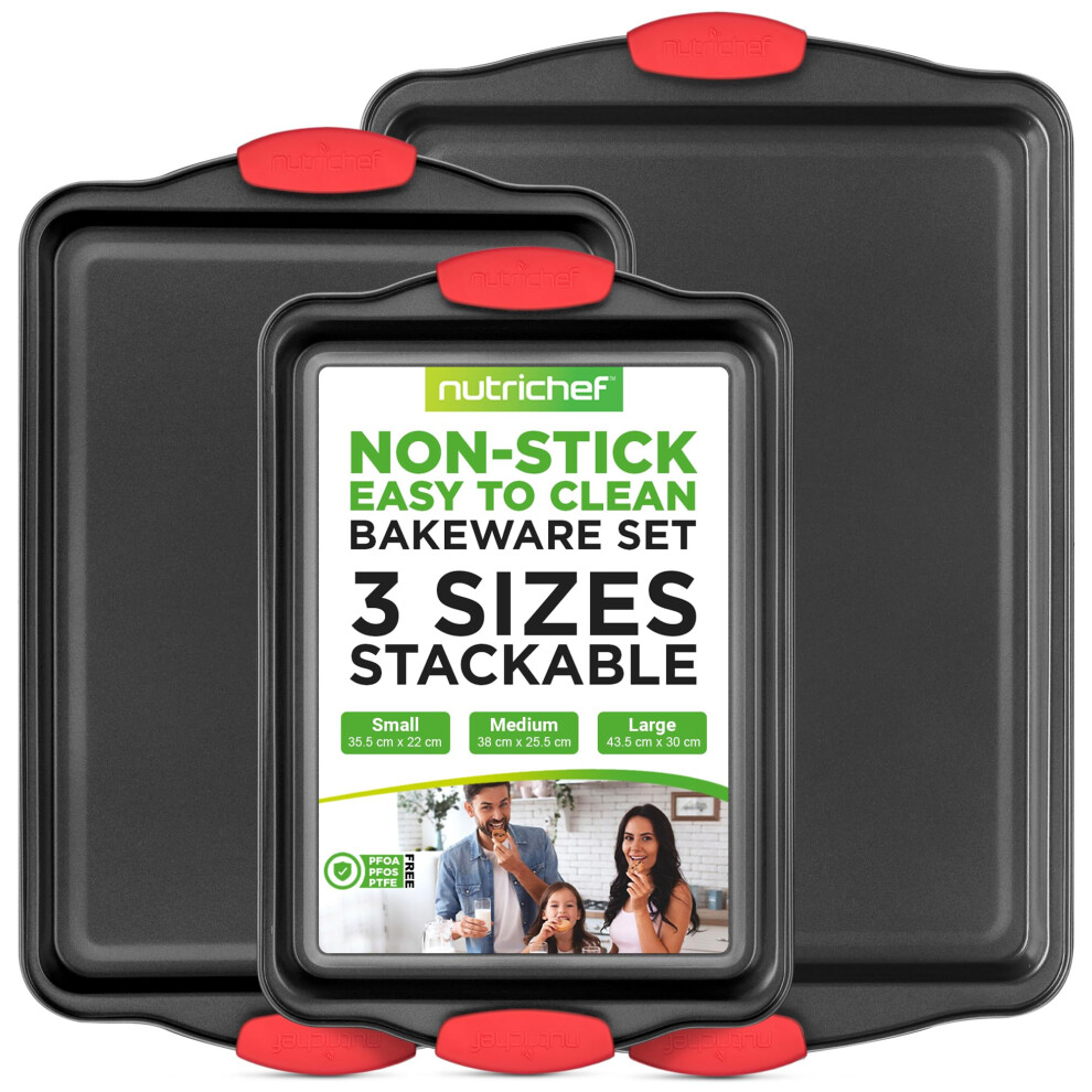 NutriChef 3-Piece Nonstick Kitchen Oven Baking Pans - Premium & Stylish Non-Stick Steel, Commercial Grade Restaurant Quality Metal Bakeware with Red