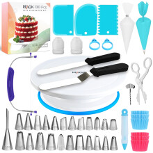 Cake Decorating Kit Tools - RFAQK 130 Pcs Cake Turntable -Cake Leveller-24 Numbered Icing Tips and Piping bags with Pattern Chart & E.Book -Straight
