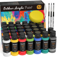 Nicpro 32 Colors Outdoor Acrylic Paint Bulk with Brush and Sponge, Knife, Non-Toxic Paint for Multi-surface Rock, Wood, Fabric, Leather, Crafts,