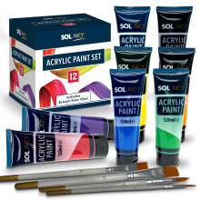 SOL 12pk Acrylic Paint Set 8x120ml Versatile Paints + 4 Brushes for Artists - Vibrant Colours for Canvas, Rock, Ceramic, and Wood - Fast-Drying,