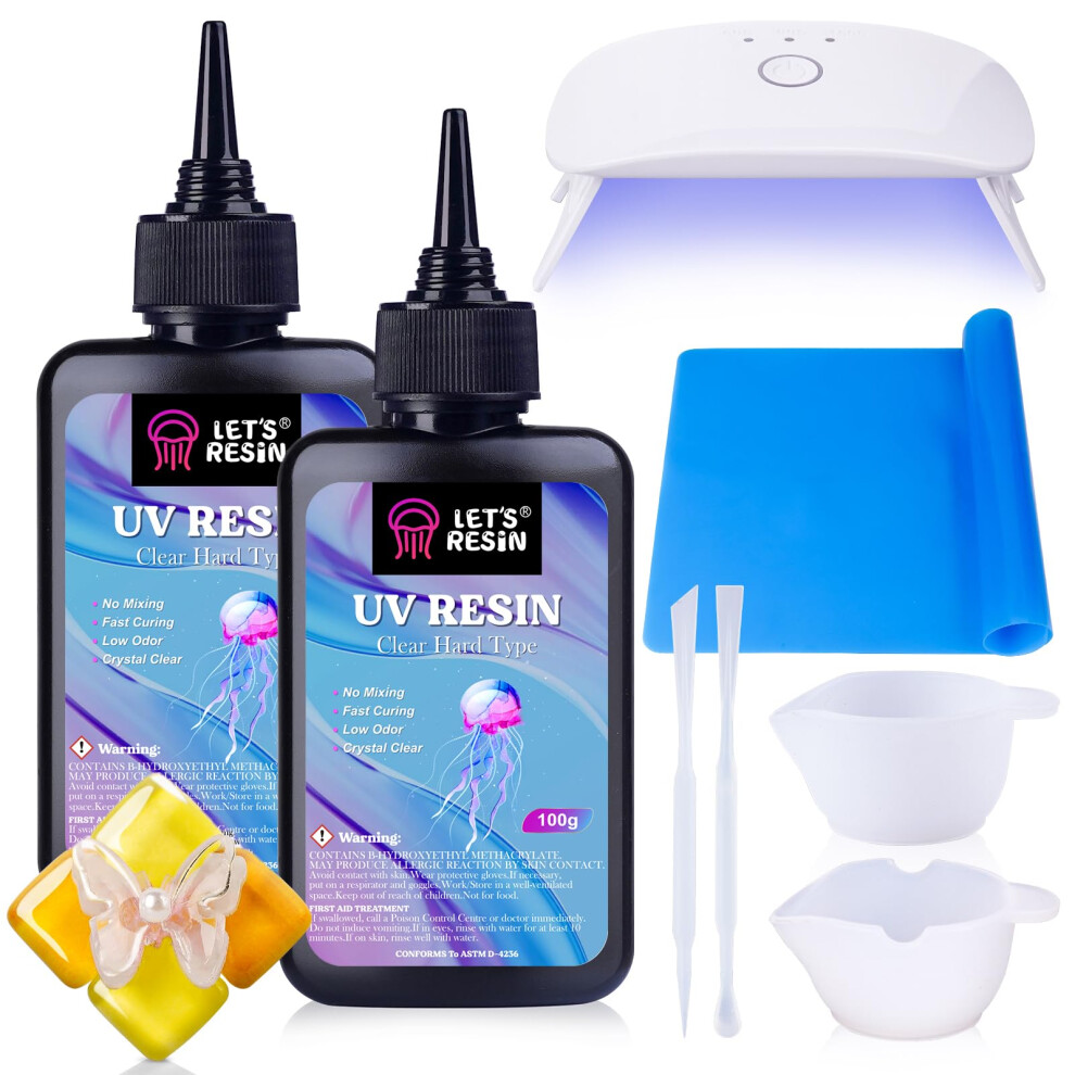 Let's Resin Light Uv Resin Kit With Lamp, Upgraded 200G Crystal Clear&Low Odor Uv Resin Kit, Uv Silicone Mat, Ultraviolet Epoxy Resin Hard, Uv Resin