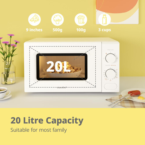COMFEE' 700W 20L White Microwave Oven With 5 Cooking Power Levels, Quick Defrost Function, And Kitchen Manual Timer - Compact Design CM-M202CC(WH) 1