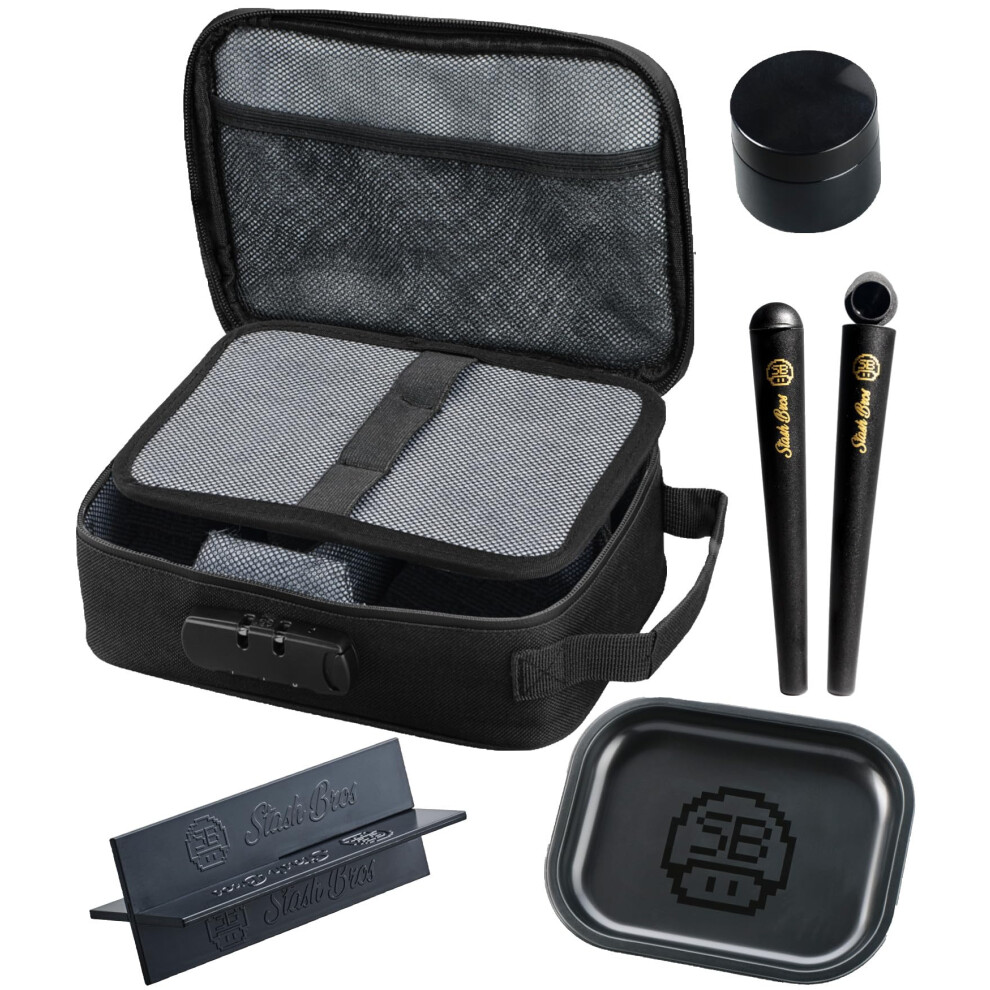 Stash Bros Smell Proof Bag With Accessories | Smell Proof Container Stash Box With 2 Doob Tube, Rolling Tray Bundle Smell Proof Box With Uv Jar & 2