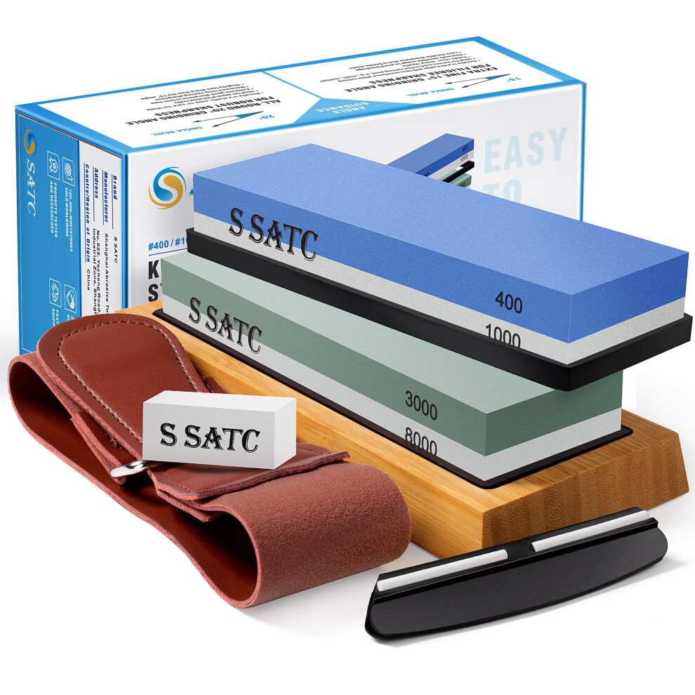 Satc Sharpening Stones For Kitchen Knives 400 1000 3000 8000 Grit Whetstone Sharpeners Wet Stone Knife Sharpener Stone With Non-Slip Wood Base, 8000000307514