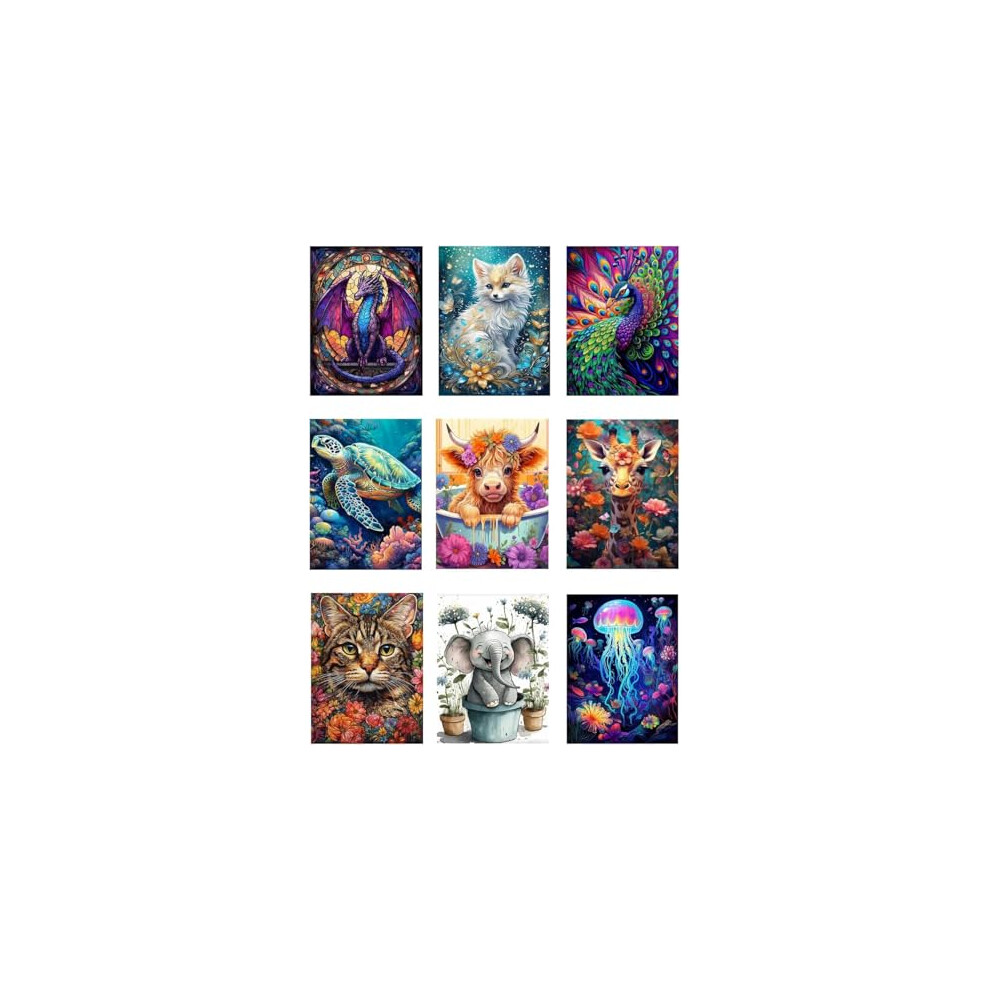 Beayiou 9 Pack Animal Diamond Painting Kits For Adults?5D Diy Cow Elephant Dragon Diamond Art Kits For Beginners Round Full Drill Painting With