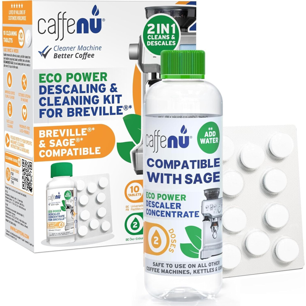 Caffenu Sage Compatible Descaling Solution & 10 Sage Cleaning Tablets. 200Ml Sage Descaler Compatible With All Sage And Breville Coffee Machines. Removes
