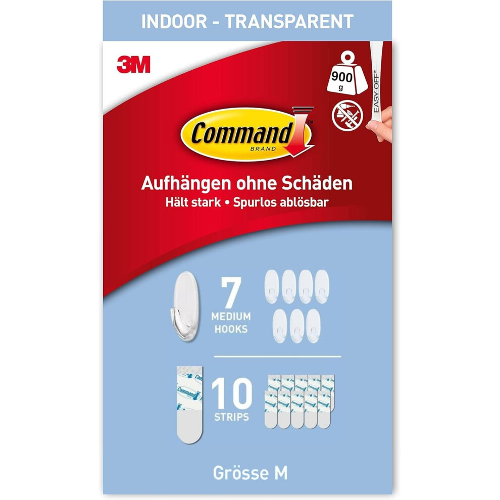 Command Clear Medium Hooks with Clear Strips, Multi pack of 7 Hooks + 10 Adhesive Strips - Indoor Use - Suitable for hanging items up to 900 g -