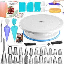 RFAQK 65 PCs Cake Decorating Kit with Cake Turntable-Cake leveler-24 Numbered Piping Tips with Pattern Chart & E Book- Straight & Offset Spatula-30