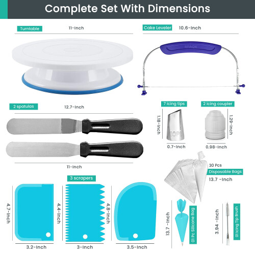 RFAQK 65 PCs Cake Decorating Kit with Cake Turntable-Cake leveler-24 Numbered Piping Tips with Pattern Chart & E Book- Straight & Offset Spatula-30 1
