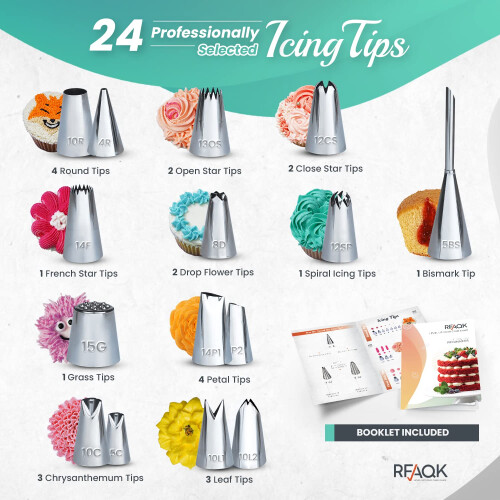 RFAQK 65 PCs Cake Decorating Kit with Cake Turntable-Cake leveler-24 Numbered Piping Tips with Pattern Chart & E Book- Straight & Offset Spatula-30 2