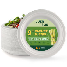 Juertime Strong Paper Plates 9 inch- 100 Pack Heavy Duty Disposable Bagasse Plates - Eco-Friendly, Compostable, Biodegradable - Perfect for Party,
