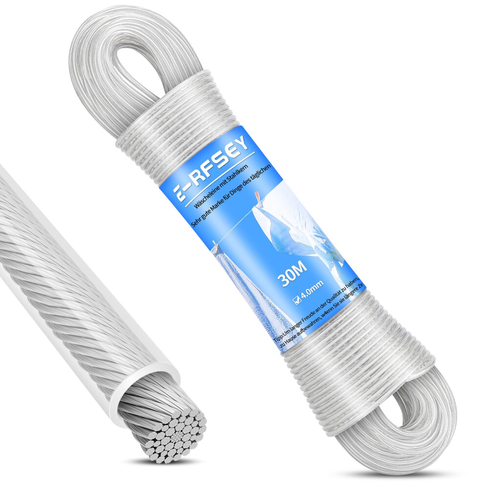 New E-Rfsey 30 M Outdoor Washing Line With Steel Core, Heavy Duty Extra Strong Washing Line With A Load Capacity Of 120 Kg, Rustproof And Waterproof Washing Rope Wäscheleine