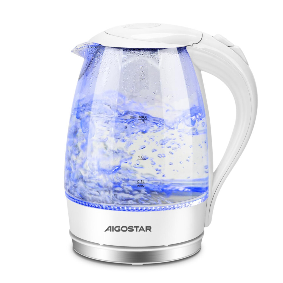 Aigostar Eve 30Kht - Glass Water Kettle With Led Lighting, 2200 Watts, 1.7 Liter, Boil-Dry Protection, Bpa Free, White