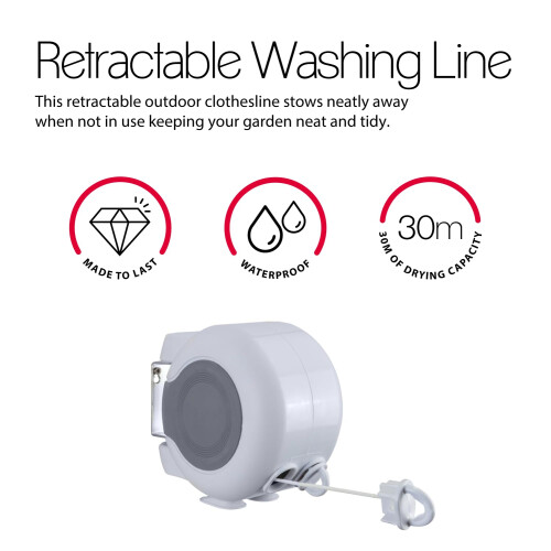 Metaltex 30 m Retractable Clothes Line, White, 30m 2
