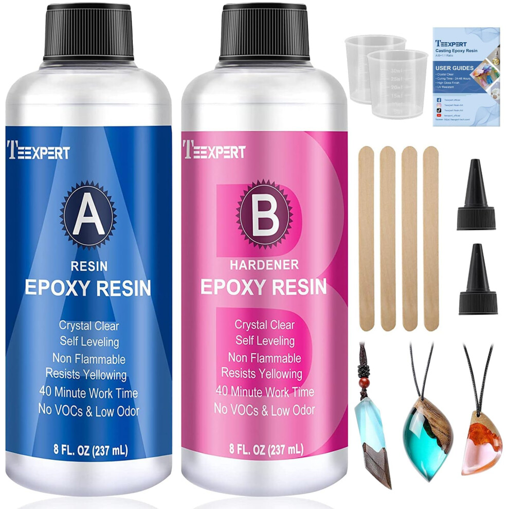 Teexpert Epoxy Resin Crystal Clear Kit -16Oz /474Ml Casting Resin For Jewellery Diy Art Resin Coating Easy Cast Epoxy, With Instructions/Bonus Sticks/Graduated