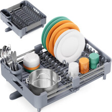 KINGRACK Extendable Dish Drainer Rack, Stainless Steel, Foldable Dish Rack with Removable Cutlery Holder and Anti-Scratch Holder, Adjustable Draining