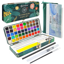 Artecho Watercolour Paint Set 50 Colors in Portable Box Including 4 Fluorescent Colors, Travel Watercolour Set with Watercolour Papers, Brushes and