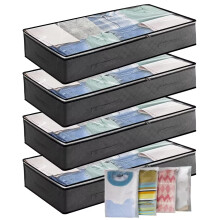 Underbed Storage Box 4Pack 90L Large Under Bed Storage Bag with 4 x Large Zip lock Bags - Under bed Storage Box with PVC Window for Clothes, Duvets,
