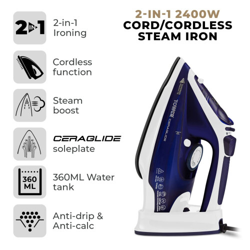 Tower Tower T22008BLU CeraGlide Cordless Steam Iron with Ceramic Soleplate and Variable Steam Function, Blue 1