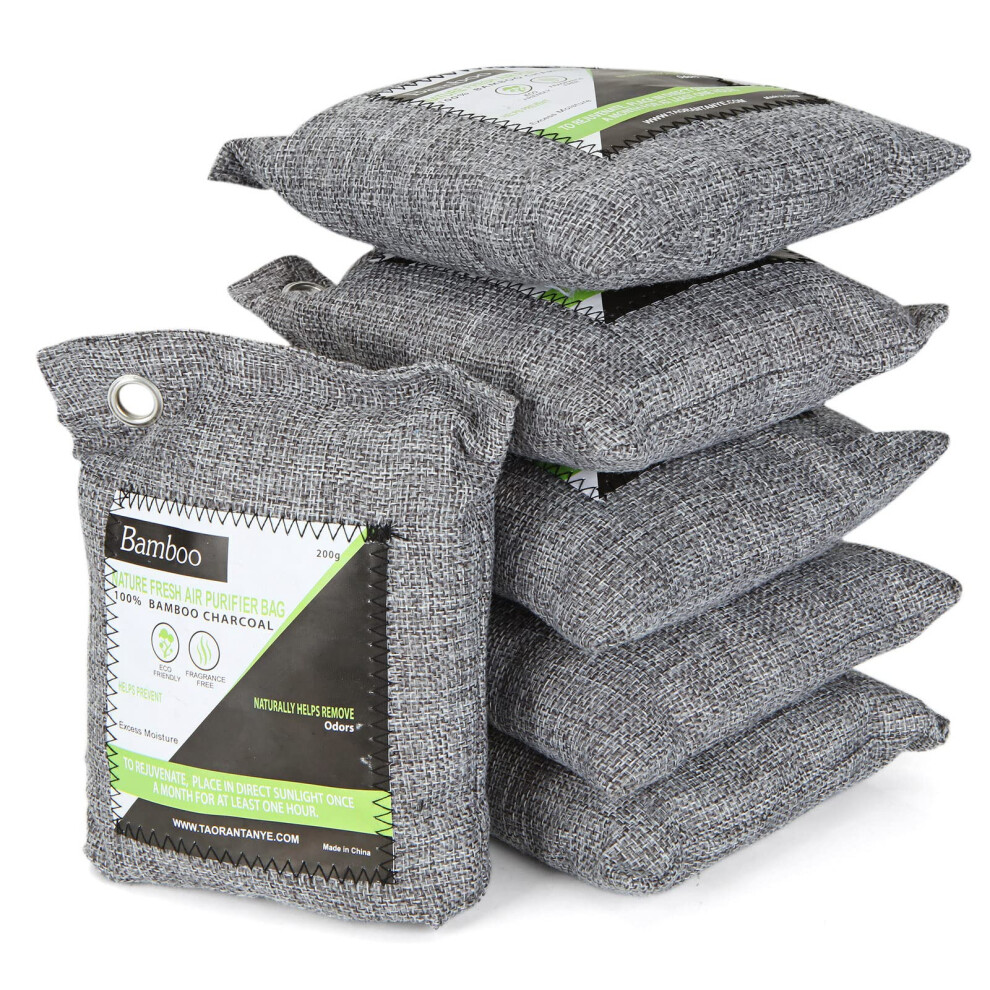 Mivide 6Pcs 200G Activated Bamboo Charcoal Air Purifying Bag, Nature Fresh Air Purifier Bags, Odour Eliminator Absorber, Moisture Absorber, Room
