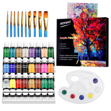 ARTKUNST Acrylic Paint Set, 24 Rich Pigment Colors with 10 Art Brushes for Painting Canvas, Wood, Ceramic & Fabric, Rich Pigments Lasting Quality for