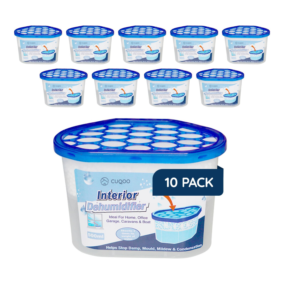 CUQOO Disposable Dehumidifier for Home 500ml, Pack of 10 Moisture Absorber Dehumidifiers for Damp, Mould, Kitchen, Wardrobe, Bedroom, Caravan, Office,