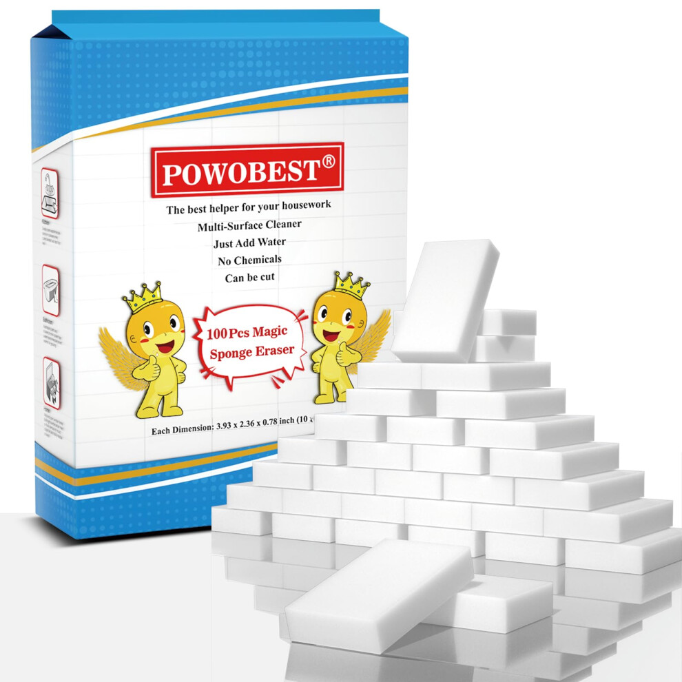 Powobest White Magic Sponge Eraser,100 Pack Melamine Sponge Cleaner, Multi-Purpose Washing Up Cleaning Scourers Sponge, Scrub Non-Scratch Sponge For Kitchen,