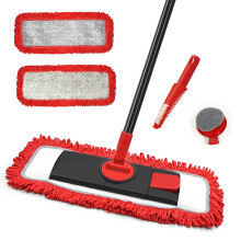 JEHONN Microfiber Floor Mops, Flat Dust Mop for Laminate Hard Wood Floor Vinyl Tile Wall, Wet Dry Mop for Kitchen Bathroom with Scouring Pad (Red)
