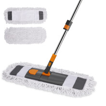 MASTERTOP Flat Mop, Industrial Mop with Stainless Steel Long Handle, Commercial Cotton Mop with 2 Reusable Mop Pads, Wet and Dry Floor Mop for Hard