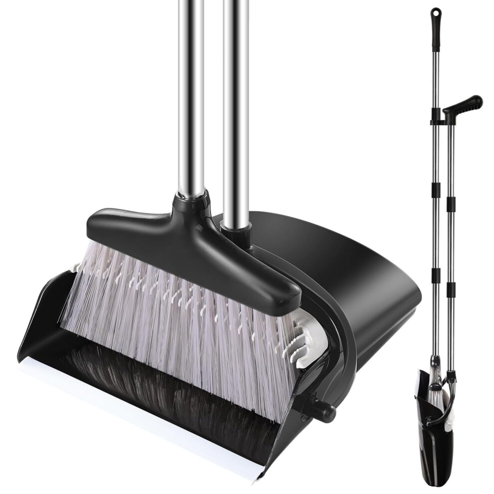 New Bingobang Dustpan And Brush Set Long Handled ? Broom And Dustpan Set Reduce Bending Tall Lobby Dustpan And Sweeping Brush (-Grey) Black/Grey