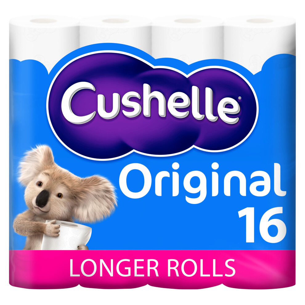 Cushelle Original Toilet Roll, 16 Longer Lasting Rolls, 16 Equals 24 Regular Rolls, White Bulk Toilet Paper