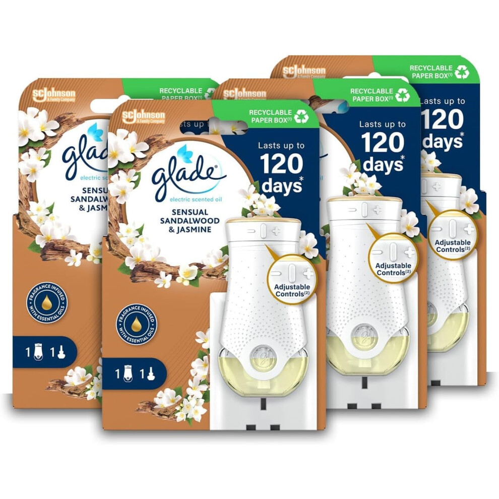 Glade Plug in Air Freshener Holder and Refill, Electric Scented Oil Room Air Freshener, Sandalwood & Jasmine, Pack of 4 Starter Kits, (4 x Holder and-image-OPC-PHXCGBY-NEW