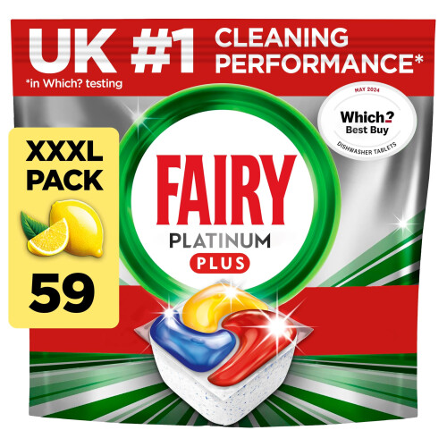 Fairy Fairy Platinum Plus Dishwasher Tablets ? 59 Pack, Lemon, Anti-Dull Technology & Rinse Aid