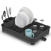 Extendable Dish Drainer Rack Expandable Dish Draining Rack with Removable Cutlery Holder Adjustable Dish Draining Board Rack with Swivel Drainage