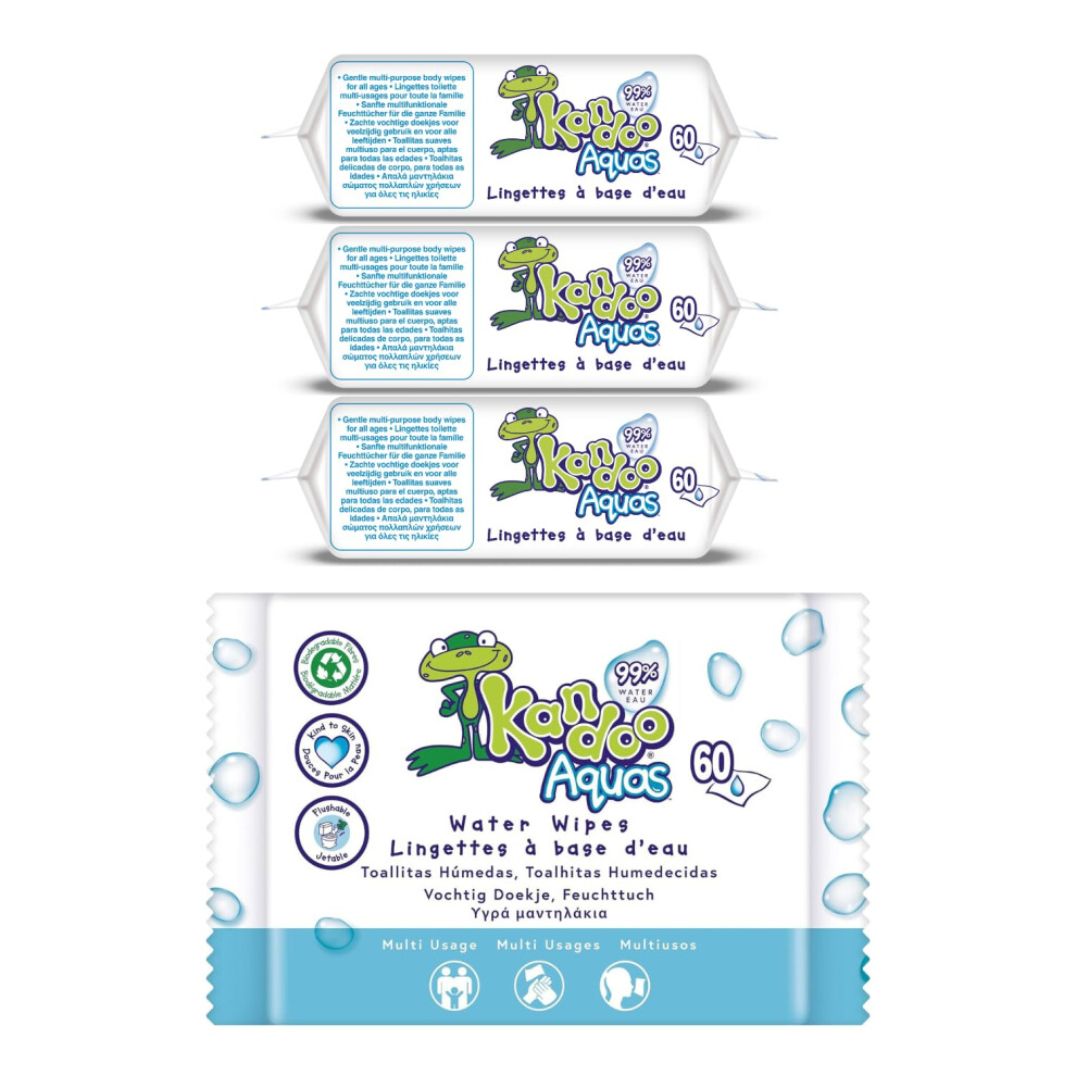 Aquas 99% Water Based Flushable Moist Toilet Wipes, 4 X 60 Wipes (Total 240), Biodegradable, Plastic Free, Wet Toilet Tissues For Toddlers, 0% Kandoo