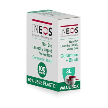 INEOS Non Bio Laundry Washing Liquid Detergent, 3L, 1 Unit XXL Eco Value Box, Stain Removal for Clothes, Plant Powered, Geranium + Birch, Uplifting