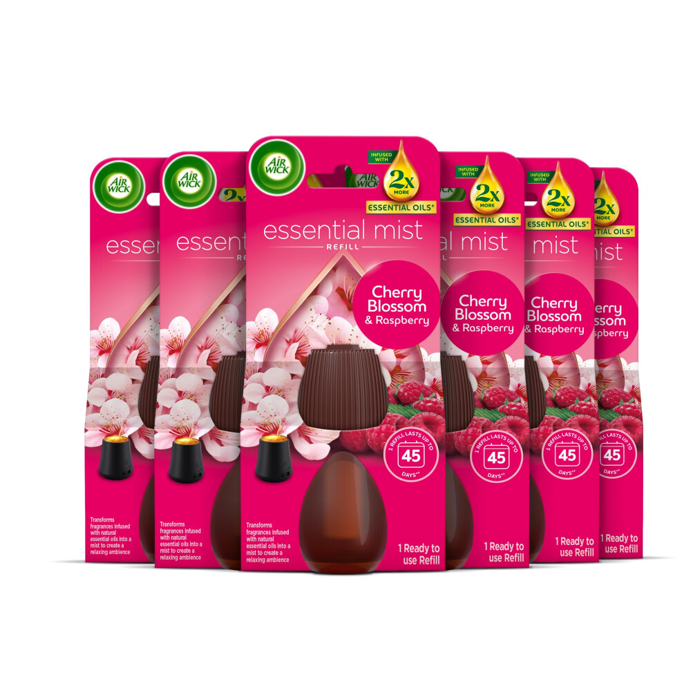 Air Wick Cherry Blossom & Raspberry Essential Mist Single Refills 6X20ml, Lasting For Up To 45 Days Per Refill, Air Freshener