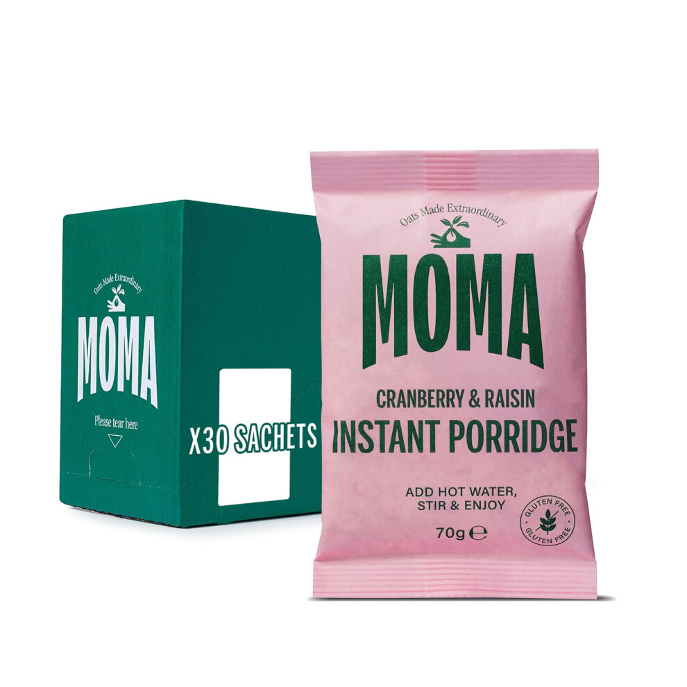 Moma Porridge Sachets Cranberry & Raisin - Box Of 30 X 70G - Breakfast Jumbo Oat With Real Fruit - Gluten Free, High In Fibre, Source Of Protein, Rich