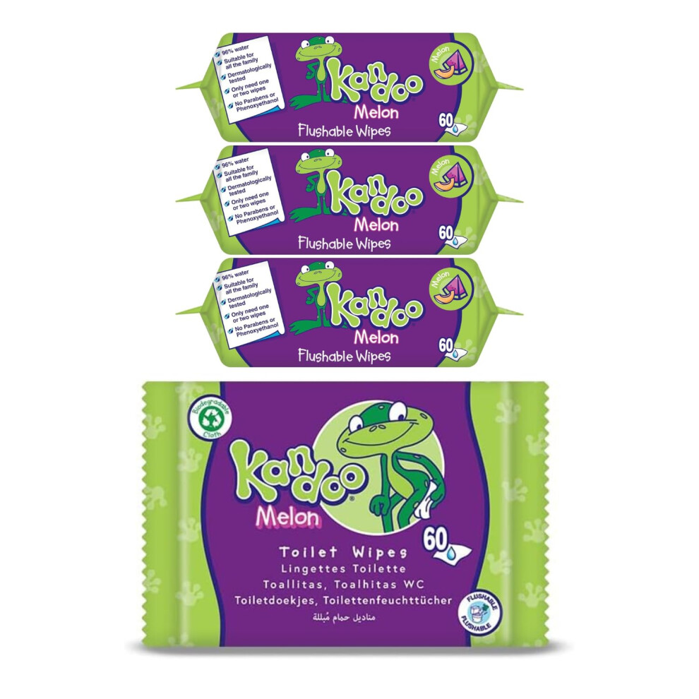 Melon Flushable Moist Toilet Wipes, 4 X 60 Wipes (Total 240 ), Biodegradable And Plastic Free, Wet Toilet Tissues For Toddlers, Melon Scented, Kandoo