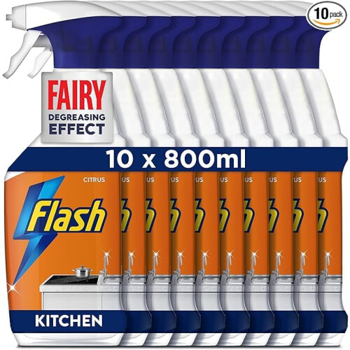 Flash Flash Kitchen Cleaner Spray, 8 Litres (800 ml x 10), Kitchen Cleaning, Citrus Fresh