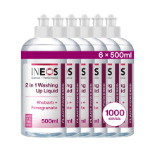 INEOS Next-Gen 2in1 Washing Up Liquid, 3L (500ml x 6), 1000 Sinkfuls, Dishwashing + Handwashing, Plant Powered, Rhubarb + Pomegranate, Packaging May