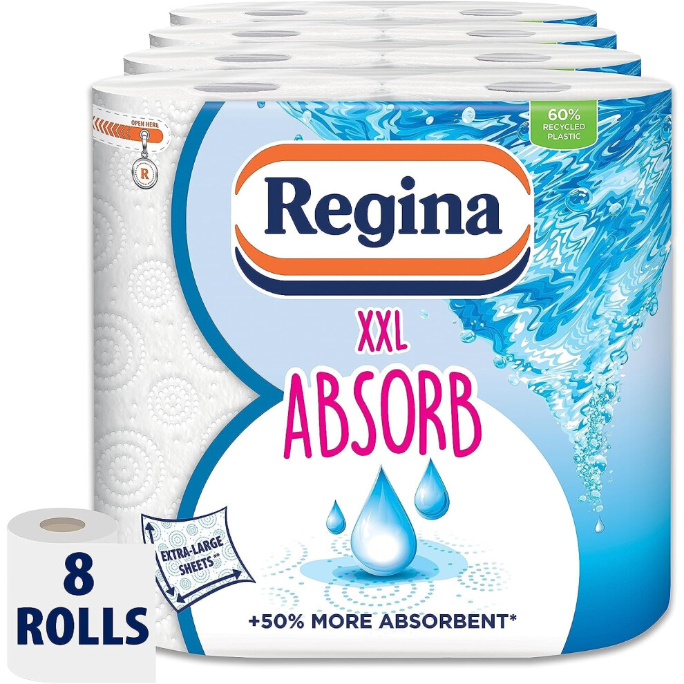 Regina Xxl Absorb Kitchen Towels ? 8 Rolls Per Pack, Super Absorbent 2-Ply Kitchen Towels, 75 Sheets Per Roll, Extra-Large Sheets, 50 Percent More