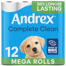 Andrex Complete Clean 12 Mega Toilet Rolls= 18 Standard Toilet Rolls, 50% Longer Lasting Paper with unique 3D Wave Texture for a Proven, Effective