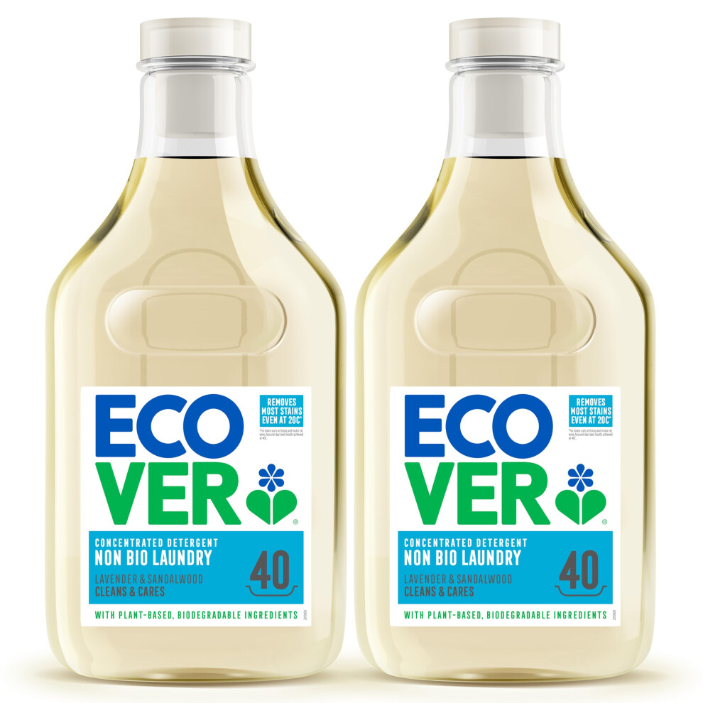 Ecover Concentrated Non-Bio, Laundry Detergent, Laundry Washing Liquid, And Sandalwood, 2X Pack Of 40 Washes, 2X 1.43L Lavender